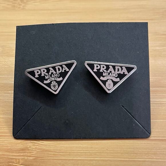PRADA Black & Silver Triangle Logo Earrings – Pierced, Stamped - Picture 5 of 5